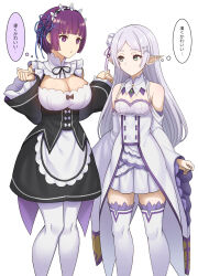 Rule 34 | alternate costume, alternate hair length, alternate hairstyle, apron, black dress, black ribbon, blunt bangs, breasts, bright pupils, cleavage, clothing cutout, commentary request, cosplay, detached collar, detached sleeves, dress, elf, emilia (re:zero), emilia (re:zero) (cosplay), enmaided, fern (sousou no frieren), flower, flower knot, frieren, gem, green eyes, green gemstone, grey hair, hair flower, hair ornament, highres, komainu (yamaha1997), long hair, long sleeves, maid, maid headdress, neck ribbon, overskirt, parted bangs, pointy ears, purple eyes, purple ribbon, ram (re:zero), ram (re:zero) (cosplay), ribbon, rose, roswaal mansion maid uniform, short eyebrows, short hair, shoulder cutout, small breasts, sousou no frieren, thighhighs, thought bubble, translation request, white apron, white background, white dress, white flower, white pupils, white rose, white thighhighs, wide sleeves, x hair ornament