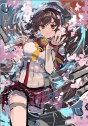 Rule 34 | 1girl, armband, brown hair, cherry blossoms, cowboy shot, dress, flower, hair flower, hair ornament, headgear, kantai collection, long hair, looking at viewer, partially submerged, pleated dress, pole, ponytail, red skirt, skirt, solo, water, unfinished, yamato (kancolle), yunamaro, z flag