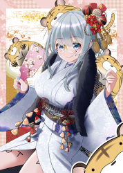 Rule 34 | 1girl, animal, blue eyes, breasts, brown-framed eyewear, chinese zodiac, closed mouth, commentary request, glasses, grey hair, grey kimono, hagoita, hair ornament, hands up, highres, holding, japanese clothes, kimono, large breasts, long sleeves, nekobaka, obi, original, outline, paddle, sash, seigaiha, smile, solo, tiger, white outline, wide sleeves, year of the tiger