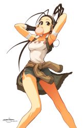 Rule 34 | 1girl, armpits, arms behind back, arms up, bandages, brown eyes, brown hair, blowing bubbles, capcom, casual, chewing gum, headphones, highres, ibuki (street fighter), jacket, omar dogan, ponytail, short shorts, shorts, signature, solo, strapless, street fighter, street fighter iii (series), tube top