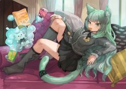 Rule 34 | 1girl, absurdres, animal ears, arknights, black ribbon, black skirt, buchi0122, cameo, candy, cat ears, cat girl, cat tail, couch, food, food in mouth, green eyes, green hair, grey socks, grey sweater vest, harmonie (arknights), highres, indoors, infection monitor (arknights), layered sleeves, lollipop, long hair, long sleeves, looking at viewer, mouth hold, neck ribbon, pillow, pleated skirt, reclining, reed (arknights), reed the flame shadow (arknights), ribbon, shirt, skirt, socks, solo, sweater vest, tail, tail ornament, tail ring, very long hair, water, white shirt