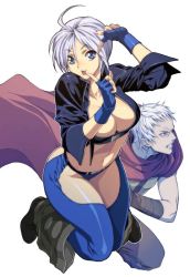 Rule 34 | 1boy, 1girl, :p, ahoge, angel (kof), blue eyes, breasts, cape, fingerless gloves, gloves, homare (fool&#039;s art), jacket, jpeg artifacts, k9999, large breasts, legs, silver hair, snk, the king of fighters, thighs, tongue, tongue out