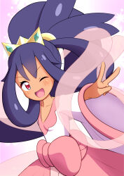 Rule 34 | 1girl, ;d, collarbone, commentary request, creatures (company), dark-skinned female, dark skin, game freak, hair rings, happy, highres, iris (pokemon), long hair, looking to the side, nintendo, one eye closed, open mouth, outstretched arm, pink skirt, pokemon, pokemon bw2, red eyes, shirt, skirt, smile, solo, sou (dai 4n you), tongue, v, v-neck, white shirt, wide sleeves