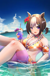 Rule 34 | 1girl, absurdres, akinoji (akiponpon27), animal ears, arm scrunchie, ass, bikini, blue sky, braid, breasts, brown hair, checkered bikini, checkered clothes, cleavage, cloud, commentary request, cup, curved horizon, day, drinking straw, floating, flower, food, fruit, hair flower, hair ornament, hairclip, highres, holding, holding cup, horse ears, horse girl, horse tail, huge filesize, innertube, large breasts, looking at viewer, multicolored hair, ocean, official alternate costume, open mouth, orange (fruit), orange bikini, orange slice, outdoors, short hair, sky, smile, solo, special week (hopping vitamin heart) (umamusume), special week (umamusume), streaked hair, swim ring, swimsuit, tail, thighs, two-tone hair, umamusume, white hair