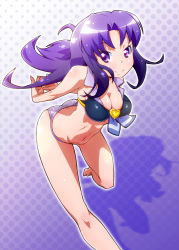 Rule 34 | 10s, 1girl, arms behind back, ass, barefoot, bikini, breasts, brooch, butt crack, cleavage, happinesscharge precure!, heart, hikawa iona, jewelry, leaning forward, long hair, polka dot, polka dot background, precure, purple background, purple eyes, purple hair, ryuuta (cure ryuuta), smile, solo, standing, standing on one leg, stretching, swimsuit