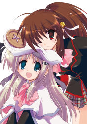 Rule 34 | 2girls, bad id, bad pixiv id, bell, blue eyes, bow, brown hair, buttons, fang, hat, hizuki yayoi, large buttons, little busters!, long hair, multiple girls, natsume rin, noumi kudryavka, one eye closed, pink bow, red eyes, school uniform, serafuku, wink