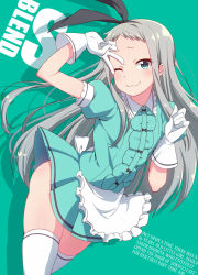 Rule 34 | 1boy, :3, ;3, apron, blend s, blush, commentary, english text, frilled apron, frills, gloves, green eyes, hairband, kanzaki hideri, long hair, looking at viewer, male focus, natsumi akira, one eye closed, puffy short sleeves, puffy sleeves, short sleeves, silver hair, skindentation, smile, solo, stile uniform, thighhighs, trap, v, v over eye, waist apron, white apron, white gloves, white thighhighs, zettai ryouiki