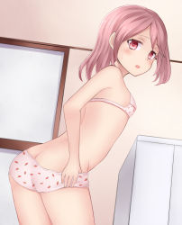 Rule 34 | 10s, 1girl, ass, back, blush, bra, bracelet, breasts, butt crack, commentary request, dressing, food print, from behind, hair down, highres, jewelry, kantai collection, leaning forward, looking at viewer, looking back, neit ni sei, open mouth, panties, pink eyes, pink hair, sazanami (kancolle), sliding doors, small breasts, solo, underwear, underwear only, water drop