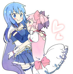 Rule 34 | 2girls, alternate hair length, alternate hairstyle, arms around waist, bad id, bad pixiv id, belt, blue eyes, blue hair, blue skirt, blush, breasts, bubble skirt, cape, choker, collarbone, detached sleeves, dot nose, eye contact, frilled skirt, frills, from side, gloves, hair between eyes, hair ribbon, hands on another&#039;s shoulders, happy, heart, highres, kaname madoka, kirikuchi riku, long hair, looking at another, mahou shoujo madoka magica, mahou shoujo madoka magica (anime), miki sayaka, multiple girls, pink eyes, pink hair, pink ribbon, pleated skirt, profile, puffy short sleeves, puffy sleeves, red neckwear, ribbon, ribbon choker, short sleeves, short twintails, simple background, skirt, small breasts, smile, soul gem, strapless, thighhighs, twintails, upper body, white background, white cape, white legwear, white skirt, zettai ryouiki
