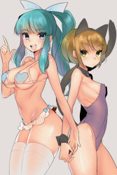 Rule 34 | 2girls, :d, animal ears, bare shoulders, bikini, blue eyes, blush, breasts, brown hair, cat ears, cat tail, detached collar, fake animal ears, golden sun, green eyes, green hair, hair ribbon, large breasts, long hair, looking at viewer, mia (golden sun), multiple girls, naso4, navel, open mouth, ponytail, ribbon, sheba (golden sun), short hair, sketch, small breasts, smile, swimsuit, tail, thighhighs, white legwear, wrist cuffs