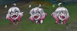 Rule 34 | 1girl, :d, absurdres, ahoge, bare shoulders, briar (league of legends), colored sclera, cropped shoulders, fangs, grey eyes, grey hair, hair between eyes, highres, league of legends, looking at viewer, multiple views, open mouth, outdoors, pink hair, pink sclera, sharp teeth, smile, stella chen yui, teeth, tongue