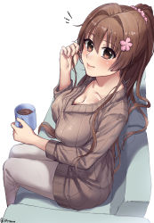 Rule 34 | 1girl, absurdres, beige sweater, breasts, brown eyes, brown hair, cherry blossoms, cleavage, collarbone, commentary request, couch, cup, feet out of frame, female focus, flower, hair flower, hair ornament, highres, kantai collection, large breasts, long hair, looking at viewer, matching hair/eyes, miyotarou, mug, pants, ponytail, ribbed sweater, simple background, sitting, solo, sweater, twitter username, white background, white pants, yamato (kancolle)