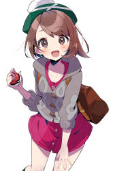 Rule 34 | 1girl, :d, absurdres, backpack, bag, blush, brown bag, brown eyes, brown hair, buttons, cardigan, collarbone, commentary request, creatures (company), dress, game freak, gloria (pokemon), green hat, grey cardigan, hand up, hat, highres, holding, holding poke ball, ichijo rei, looking at viewer, nintendo, open mouth, pink dress, poke ball, poke ball (basic), pokemon, pokemon swsh, short hair, smile, solo, tam o&#039; shanter, tongue