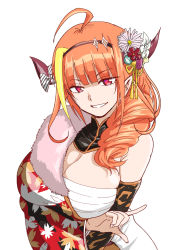 Rule 34 | 1girl, ahoge, arm under breasts, bandages, bare shoulders, black hairband, blonde hair, blunt bangs, bow, bowtie, breasts, cleavage, detached collar, detached sleeves, diagonal-striped bow, dragon girl, dragon horns, drill hair, floral print, flower, hair flower, hair ornament, hair over shoulder, hairband, highres, hololive, horn bow, horn flower, horn ornament, horns, index finger raised, japanese clothes, kimono, kiryu coco, kiryu coco (new year), large breasts, long sleeves, looking at viewer, medium hair, multicolored hair, off shoulder, official alternate costume, omaep, orange hair, pointy ears, red eyes, red kimono, sarashi, side drill, side ponytail, simple background, skindentation, smile, solo, streaked hair, striped, striped bow, upper body, virtual youtuber, white background, wide sleeves