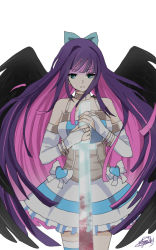 Rule 34 | 10s, 1girl, angel wings, black wings, blood, blue eyes, colored inner hair, dark persona, multicolored hair, panty &amp; stocking with garterbelt, solo, spoilers, stocking (psg), sword, thighhighs, two-tone hair, weapon, wings, yunare