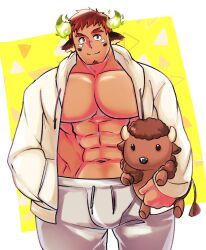 Rule 34 | 1boy, abs, animal ears, bara, bare pectorals, brown eyes, brown hair, bulge, cow boy, cow ears, cow horns, dark-skinned male, dark skin, feet out of frame, fiery horns, forked eyebrows, glowing horns, highres, holding, holding stuffed toy, hood, hood down, hooded jacket, horns, jacket, large pectorals, male focus, muscular, muscular male, navel, official alternate costume, open clothes, open jacket, pajamas, pectorals, ramusyutarou, short hair, sideburns, smile, solo, spiked hair, standing, stomach, stuffed animal, stuffed toy, thick eyebrows, tokyo houkago summoners, wakan tanka, white pajamas
