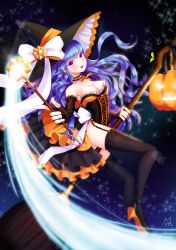 Rule 34 | 1girl, blue hair, breasts, cleavage, garter straps, halloween, hat, high heels, highres, long hair, ming (applem7), original, purple eyes, solo, thighhighs, witch, witch hat