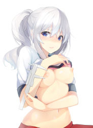 Rule 34 | 1girl, alternate costume, alternate hairstyle, blue eyes, blush, breasts, clothes lift, commentary request, grey hair, highres, inushi, kantai collection, kashima (kancolle), looking at viewer, medium breasts, navel, nipples, nose blush, ponytail, shirt lift, simple background, solo, upper body, white background
