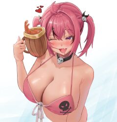 Rule 34 | 1girl, absurdres, ahoge, bikini, black choker, bluepaint, blush, breasts, choker, cleavage, collarbone, cropped torso, cup, fang, goddess of victory: nikke, hair intakes, hair ornament, heart, highres, huge breasts, mast (a pirate&#039;s heart) (nikke), mast (nikke), mug, multicolored hair, open mouth, pink bikini, pink hair, simple background, skin fang, skull choker, skull hair ornament, skull ornament, skull print, smile, solo, streaked hair, swimsuit, twintails, two-tone hair, white background