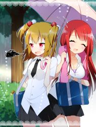 Rule 34 | 2girls, :d, ^ ^, arm behind back, bag, black necktie, black skirt, blonde hair, blurry, blush, border, breasts, bush, cleavage, closed eyes, collared shirt, depth of field, fang, hair bobbles, hair ornament, head tilt, highres, holding, holding umbrella, lace, lace border, looking away, marui shiro, medium breasts, motion lines, multiple girls, necktie, open mouth, original, ornate border, outdoors, pleated skirt, rain, red eyes, red hair, school bag, school uniform, shirt, short necktie, short sleeves, skirt, small breasts, smile, squiggle, towel, towel around neck, tree, two side up, umbrella, wet, white shirt, wing collar