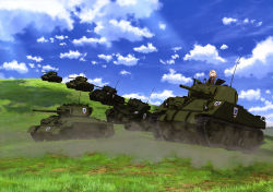 Rule 34 | 10s, absurdres, black shirt, blonde hair, blue sky, brown jacket, cloud, day, girls und panzer, highres, jacket, kay (girls und panzer), long hair, m4 sherman, military, military vehicle, motor vehicle, official art, open clothes, open jacket, outdoors, saunders military uniform, shirt, sky, smile, tank, yoshida nobuyoshi