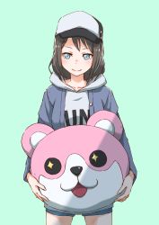 Rule 34 | + +, 1girl, :&gt;, :3, :d, artist request, bang dream!, baseball cap, bear head, black hair, blue eyes, blue jacket, character hat ornament, clothes writing, cowboy shot, green background, grey hoodie, hat, hat ornament, highres, holding, hood, hood down, hoodie, jacket, long sleeves, mascot head, medium hair, michelle (bang dream!), okusawa misaki, open mouth, shorts, simple background, smile, solo
