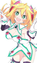 Rule 34 | 1girl, :d, blonde hair, breasts, cleavage, gloves, green eyes, hacka doll, hacka doll 1, hands up, ixy, looking at viewer, open mouth, short hair, simple background, smile, solo, thighs, white background, white gloves