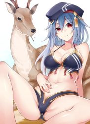 Rule 34 | 1girl, animal, arm behind back, bare shoulders, beret, bikini, black bikini, blue hair, breasts, cleavage, colored eyelashes, copyright request, day, deer, eating, fingernails, gradient background, hair between eyes, halterneck, hand on own stomach, hat, hip focus, knee up, kodama yuu, large breasts, leaning back, legs, light smile, long fingernails, long hair, looking at viewer, mole, mole under mouth, mouth hold, navel, on ground, outdoors, parted bangs, red eyes, shiny skin, sideboob, sitting, skindentation, sky, smile, solo, spread legs, swimsuit, tankini, wavy hair