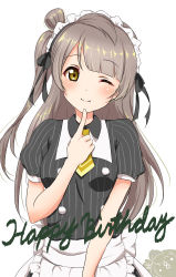 Rule 34 | 10s, 1girl, absurdres, apron, brown eyes, finger to mouth, finger to own chin, grey hair, hair ribbon, happy birthday, head tilt, highres, long hair, love live!, love live! school idol festival, love live! school idol project, maid headdress, minami kotori, necktie, one eye closed, puffy short sleeves, puffy sleeves, ribbon, satoharu, short sleeves, side ponytail, simple background, smile, solo, waist apron, white background, wink, yellow necktie