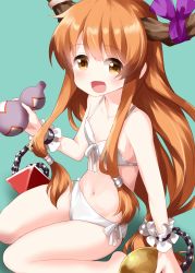Rule 34 | 1girl, :d, aqua background, bare arms, bare legs, bare shoulders, barefoot, bikini, blush, brown eyes, chain, collarbone, commentary request, cuffs, flat chest, front-tie bikini top, front-tie top, gourd, highres, holding, horn ornament, horn ribbon, horns, ibuki suika, long hair, looking at viewer, navel, oni, oni horns, open mouth, orange hair, orb, purple ribbon, pyramid (geometry), ribbon, ruu (tksymkw), shackles, side-tie bikini bottom, sidelocks, simple background, sitting, smile, solo, stomach, swimsuit, thighs, touhou, very long hair, wariza, white bikini, wrist cuffs