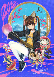 Rule 34 | 1girl, 2018, animal ears, bird, black choker, black footwear, black jacket, blue sky, bone, branch, bright pupils, brown eyes, brown hair, cat ears, chihuahua, chinese zodiac, choker, clothes writing, commentary request, daruma doll, eagle, eggplant, flower, full body, head tilt, highres, jacket, jewelry, long hair, long sleeves, looking at viewer, mountain, nail polish, nengajou, new year, open clothes, open jacket, original, oversized object, paint, paintbrush, pantyhose, patch, paw print, pendant, pink flower, rainys bill, shirt, shoes, signature, sitting, sky, sneakers, solo, star (sky), starry sky, translation request, white pantyhose, year of the dog, yellow shirt