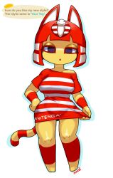 Rule 34 | 1girl, absurdres, alternate costume, alternate hair color, animal crossing, animal ears, ankha (animal crossing), artist name, cat ears, cat tail, character name, dialogue box, dress, english text, furry, furry female, highres, looking at viewer, minuspal, nintendo, red dress, red hair, simple background, solo, striped clothes, striped dress, tail, tenga, watermark, white background