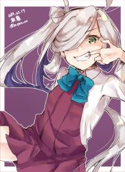 Rule 34 | 1girl, ahoge, asashimo (kancolle), border, character name, dated, green eyes, grey hair, grey pantyhose, grin, hair over one eye, halterneck, kantai collection, long hair, looking at viewer, mouth pull, pantyhose, ponytail, purple background, school uniform, sharp teeth, shirt, simple background, smile, solo, teeth, twitter username, u yuz xx, white border, white shirt