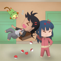 Rule 34 | 1boy, 1girl, absurdres, angry, backpack, bag, barefoot, black hair, blue hair, chibi, commentary, commission, commissioner upload, creatures (company), dawn (pokemon), game freak, gen 8 pokemon, goh (pokemon), grookey, hallway, highres, nintendo, pajamas, pink pajamas, poke ball, pokemon, pokemon (anime), pokemon (creature), pokemon journeys, rinalice chan, track suit
