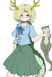 Rule 34 | 1girl, 1other, antlers, blonde hair, blue shirt, closed mouth, dragon horns, dragon tail, fe (tetsu), feet out of frame, green skirt, highres, horns, kicchou yachie, otter spirit (touhou), pleated skirt, red eyes, shirt, short hair, short sleeves, simple background, skirt, tail, touhou, turtle shell, white background, yellow horns