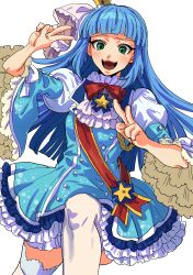 Rule 34 | 1girl, absurdres, ascot, blue dress, blue hair, blunt ends, blush, bow, breasts, buttons, crown, dress, fangs, frilled ascot, frilled dress, frilled sleeves, frills, green eyes, hat, highres, hime cut, kuya (hey36253625), long hair, long sleeves, looking at viewer, medium breasts, mini crown, open mouth, piece (umineko), puffy long sleeves, puffy sleeves, raised eyebrow, red bow, sash, shoulder sash, smile, solo, thighhighs, tilted headwear, umineko no naku koro ni, v, wavy mouth, white background, white thighhighs, wide sleeves