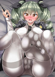 Rule 34 | 1girl, alternate breast size, anchovy (girls und panzer), anzio school uniform, artist request, ass, bed, black cape, black ribbon, black skirt, blush, breasts, cameltoe, cape, cleft of venus, drill hair, embarrassed, girls und panzer, green eyes, hair between eyes, hair ribbon, heavy breathing, highres, huge ass, large breasts, long hair, looking at viewer, lying, on bed, open mouth, ribbon, school uniform, shirt, simple background, skirt, solo, toes, twintails, white shirt