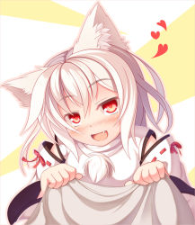 Rule 34 | animal ears, bad id, bad pixiv id, blush, clothes lift, detached sleeves, dragoner, fang, heart, inubashiri momiji, naughty face, red eyes, skirt, skirt lift, solo, white hair, wolf ears