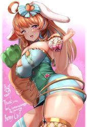 Rule 34 | 1girl, :d, ahoge, animal ears, aqua dress, aqua thighhighs, ass, asymmetrical legwear, bare shoulders, blush, breasts, bunny gif, bursting breasts, carrot, character name, cleavage, commission, corset, cowboy shot, dainana sugune, detached sleeves, dress, flower ornament, garter straps, gluteal fold, hand up, heart, heart-shaped pupils, highres, holding, holding pillow, impossible clothes, large breasts, long hair, looking at viewer, microdress, mismatched legwear, multicolored hair, open mouth, orange hair, pillarboxed, pillow, pink background, pink eyes, puffy short sleeves, puffy sleeves, rabbit ears, rabbit girl, rabbit tail, shiny skin, short sleeves, sideboob, sidelocks, signature, simple background, skeb commission, skindentation, smile, solo, streaked hair, symbol-shaped pupils, tail, taut clothes, teeth, thank you, thick thighs, thighhighs, thighs, undersized clothes, uneven legwear, upper teeth only, virtual youtuber