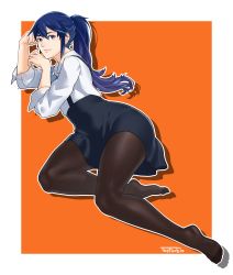Rule 34 | 1girl, absurdres, alternate costume, alternate hairstyle, artist name, black pantyhose, blue eyes, blue hair, blue skirt, closed mouth, collared shirt, contemporary, ear piercing, fire emblem, fire emblem awakening, full body, head rest, highres, long hair, looking at viewer, lucina (fire emblem), lying, miniskirt, nintendo, on side, orange background, pantyhose, piercing, ponytail, shadow, shirt, simple background, skirt, smile, solo, suspender skirt, suspenders, thefarelo, thick thighs, thighs, white shirt