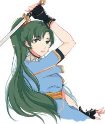 Rule 34 | 1girl, blush, breasts, dress, earrings, fire emblem, fire emblem: the blazing blade, fire emblem warriors, gloves, green eyes, green hair, high ponytail, highres, jewelry, long hair, looking at viewer, lyn (fire emblem), nana (mizukas), nintendo, ponytail, smile, solo, sword, very long hair, weapon