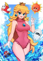 Rule 34 | 1boy, 1girl, angry sun, blonde hair, blooper (mario), blue eyes, blush, breasts, brooch, cheep cheep, commentary, covered navel, crown, dripping, earrings, frilled one-piece swimsuit, frilled swimsuit, frills, gloves, highres, jewelry, large breasts, long hair, looking at viewer, mario, mario (series), narrow waist, nintendo, one-piece swimsuit, open mouth, pale skin, pink one-piece swimsuit, princess peach, solo focus, super mario bros. 1, super mario bros. 3, swimsuit, thighs, wakaba (wata ridley), water, wet, white gloves, wide hips