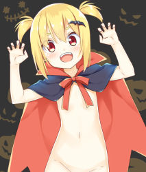 Rule 34 | 1girl, arms up, blonde hair, blush, cape, claw pose, convenient censoring, fangs, flat chest, groin, hair between eyes, halloween, hatsunatsu, jack-o&#039;-lantern, looking at viewer, naked cape, open mouth, original, out-of-frame censoring, red eyes, short hair, sidelocks, solo, standing, teeth, thick eyebrows, twintails, two-tone background, upper body, upper teeth only