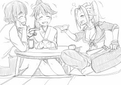 Rule 34 | 10s, 3girls, cup, drinking glass, greyscale, hair ornament, houshou (kancolle), japanese clothes, jun&#039;you (kancolle), kantai collection, long hair, minobu jentoru, monochrome, multiple girls, myoukou (kancolle), ponytail, short hair, spiked hair, table