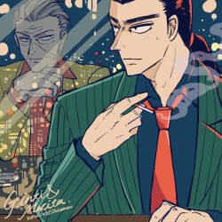 Rule 34 | 2boys, ashtray, black hair, black shirt, blazer, cigarette, closed mouth, collared shirt, commentary request, dated, gin to kin, green jacket, grey hair, hair slicked back, hands on own chin, highres, hirai ginji, jacket, long hair, low ponytail, male focus, morita tetsuo, multiple boys, necktie, orange shirt, red necktie, shirt, short hair, signature, smile, smoke, unknown03162, upper body, yellow jacket