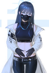 Rule 34 | 1girl, absurdres, bare shoulders, belt, black belt, black gloves, black hair, black pants, black shirt, blue archive, blue eyes, breasts, coat, commentary, covered mouth, cowboy shot, crop top, gloves, groin, halo, hands on own stomach, head tilt, highres, idalam, idalam, long hair, looking at viewer, mask, medium breasts, midriff, mouth mask, navel, off shoulder, pants, saori (blue archive), shirt, sleeveless, sleeveless shirt, solo, standing, underbust, white background, white coat