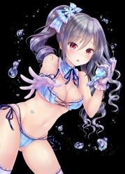 Rule 34 | 10s, 1girl, absurdres, black background, blue bra, blue panties, blue ribbon, bra, breasts, brushing hair, brushing own hair, cleavage, gloves, grey hair, groin, hair brush, hair ribbon, highres, holding, holding brush, idolmaster, idolmaster cinderella girls, kanzaki ranko, long hair, looking at viewer, medium breasts, moyon, navel, neck ribbon, open mouth, panties, red eyes, ribbon, simple background, solo, thighhighs, twintails, underwear, underwear only, water, white thighhighs