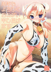 Rule 34 | 1girl, animal ears, animal print, bell, neck bell, bikini, blonde hair, blue eyes, blush, breasts, cleavage, collar, cow ears, cow girl, cow print, cowbell, elbow gloves, fingerless gloves, gloves, horns, large breasts, original, seagull (artist), smile, solo, string, swimsuit, thighhighs, translation request, twintails