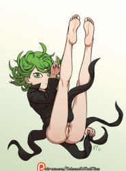 Rule 34 | 1girl, barefoot, eyelashes, feet, female focus, gradient background, green eyes, green hair, matching hair/eyes, noise tanker, one-punch man, patreon, pussy, soles, solo, tatsumaki, toes, uncensored, watermark, web address