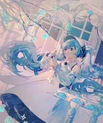 Rule 34 | 1girl, absurdres, blue eyes, blue hair, bonnet, branch, closed mouth, commentary, detached sleeves, dress, dutch angle, hatsune miku, highres, indoors, light smile, lobelia (saclia), long hair, sleeveless, sleeveless dress, snowflakes, solo, twintails, very long hair, vocaloid, white dress, white headwear, white sleeves, yuki miku, yuki miku (2020) (candidate no.5)